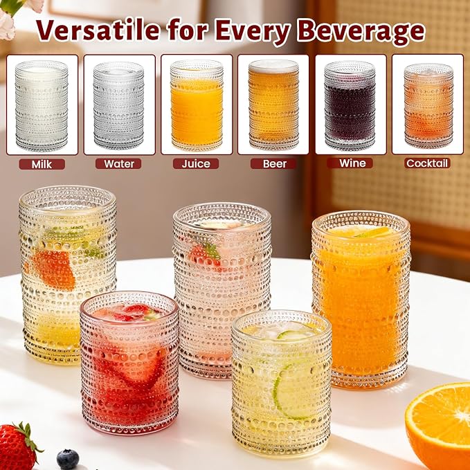 Vintage Hobnail Drinking Glasses Set of 12, 12 Oz Highball Glasses and 10 Oz Cocktail Glasses, Kitchen Glassware Set, Clear Drinking Glass Cups for Cocktail, Whiskey, Beer, Juice, Water, Milk - Image 5