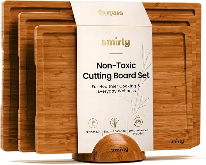 SMIRLY Cutting Board, Carbonized Bamboo Cutting Board Set of 3 with Stand | Non Toxic Wooden Cutting Board with Juice Grooves and Handles, Multiple Sizes Chopping Boards for Meat Vegetable Charcuterie by Smirly