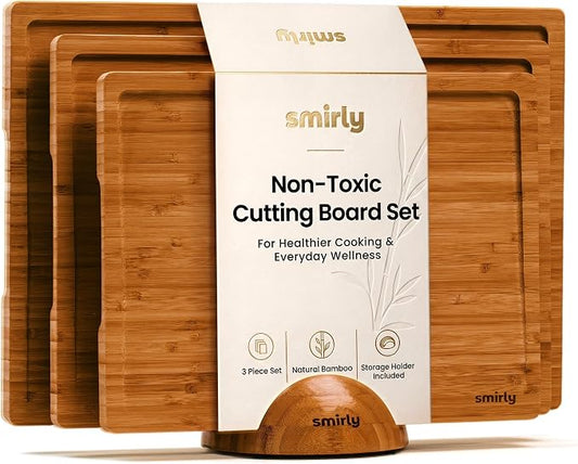 SMIRLY Cutting Board, Carbonized Bamboo Cutting Board Set of 3 with Stand | Non Toxic Wooden Cutting Board with Juice Grooves and Handles, Multiple Sizes Chopping Boards for Meat Vegetable Charcuterie by Smirly