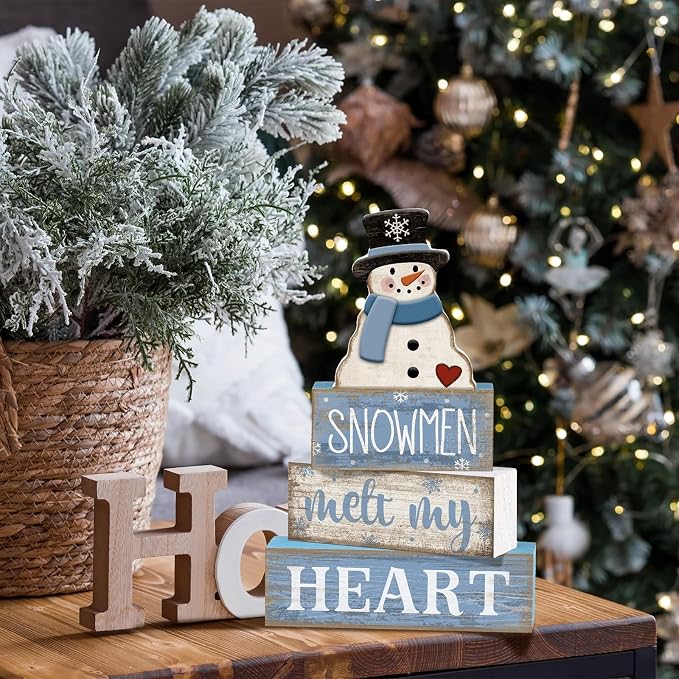Moucuny 4 Pcs Winter Table Decorations Blue and White Snowman Decor Winter Tiered Tray Decor Valentines Day Centerpiece Rustic Decorative Hat Snowman Block Signs Gift Farmhouse for Home Kitchen Shelf - Image 7
