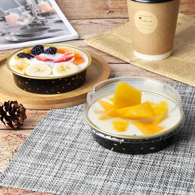 Beasea Mini Aluminum Pie Pans, 4 Inch 50 Pack Mini Pie Tins with Lids, 8 Oz Aluminum Foil Disposable Black Gold Cartoon Tart Pans Round Oven Baking Small Cake Tin for Cheesecake Quiche - Image 3