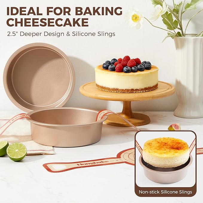 8 Inch Round Cake Pan Set for Baking with 2 Pcs Silicone Baking Sling Mats, Nonstick Circle Cake Pans Set of 2, 2.5" Deeper Layer Cake Tin for Oven, Cheesecake Mold, Huty Duty, Golden - Image 3