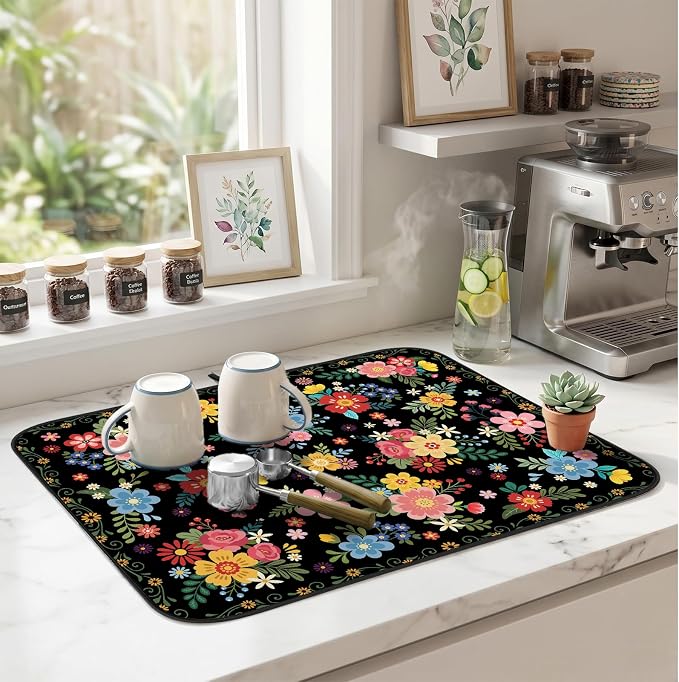 Tropical Floral Dish Drying Mat for Kitchen Counter Coffee Bar 18x24 in | Decorative Non Slip Absorbent Kitchen Dishes Drainer Mat, with Anti-slip Rubber Backing & Hanging Loop, for Sink, Home Decor - Image 9