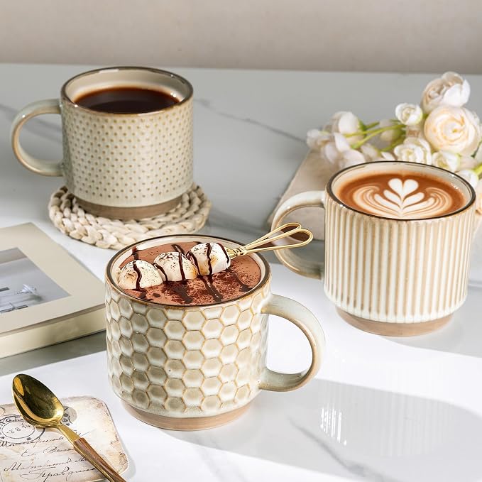 GBhome 12 OZ Stackable Coffee Mugs Set of 6, Ceramic Blue Coffee Cups Set | 3 Assorted Designs, Embossed Mugs with Texture Patterns for Tea/Coffee, Dishwasher&Microwave Safe, Pale Khaki - Image 6