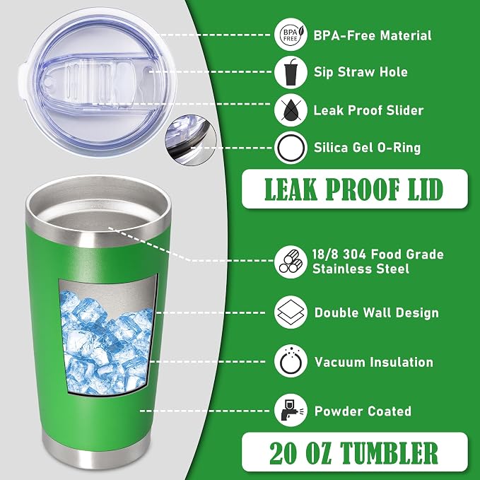 20oz Tumbler Insulated Coffee Tumblers with Lid Stainless Steel Green 8P | 20 oz Tumblers Double Wall Insulated Vacuum 20oz Coffee Mug Leak Proof Tumblers with Lid Powder Coated - Green 8 Pack - Image 3