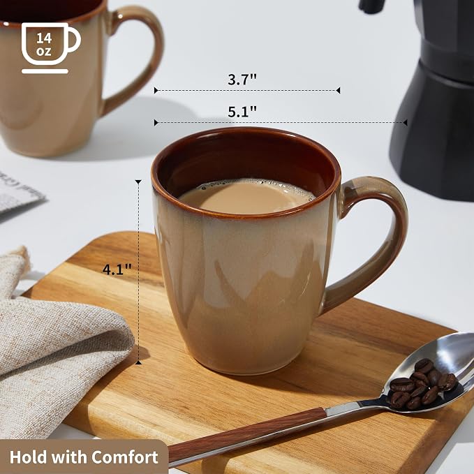 Pokini Coffee Mug 14 oz, Ceramic Coffee Mugs Set of 4, Reactive Glaze Mug for Latte/Tea/Cappuccino, Large Stackable Mug Set for Men, Women, Dad, Mom, Dishwasher & Microwave Safe, Brown Yellow - Image 2