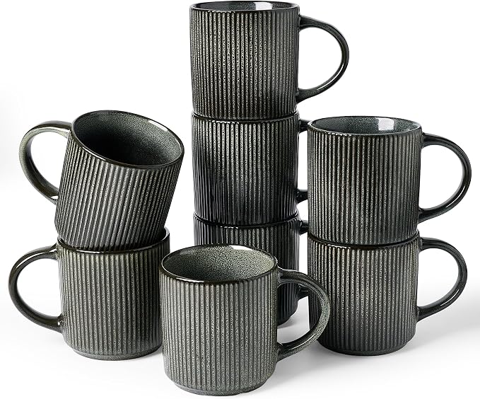 famiware Coffee Mug Set for 8, Star 12 oz Catering Mugs Cup Set with Handle for Coffee, Tea, Cocoa, Milk - Ceramic Stoneware Drinkware Set, Deep Forest by Famiware