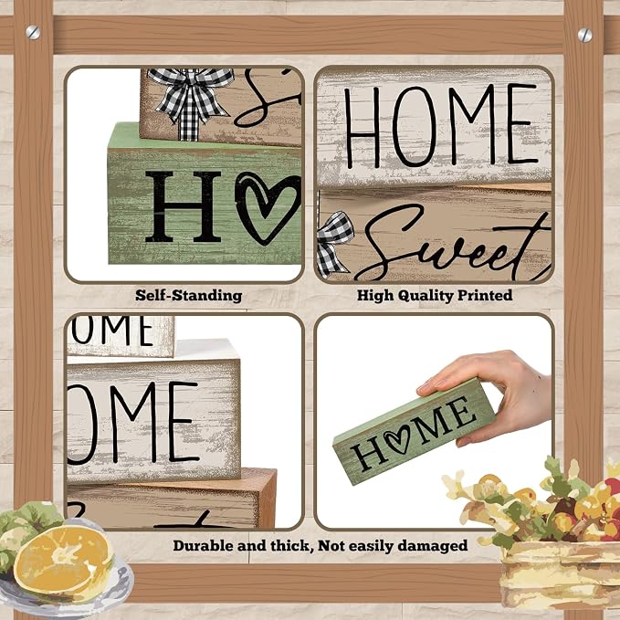 Moucuny 4 Pcs Wooden Farmhouse Table Decor Rustic Home Sweet Home Stacked Blocks Decoration Farmhouse Tiered Tray Decor Decorative Eucalyptus Block Signs Bless Gift for Kitchen Shelf Coffee Table - Image 6