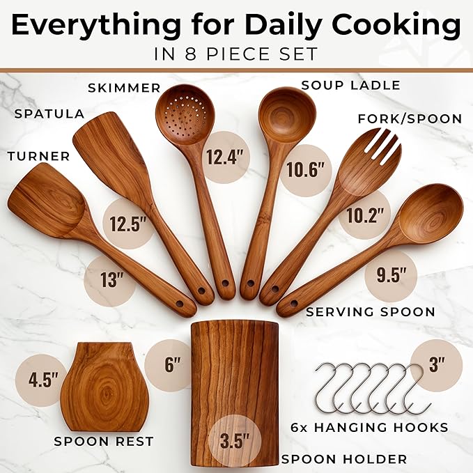 Wooden Utensil Set, 8 Pcs Teak Wooden Spoons for Cooking with Holder | Includes Spatula, Turner, Ladle, Skimmer, Spoon Rest & 6 Hooks – Sturdy, Non-Scratch, Easy to Clean - Image 6
