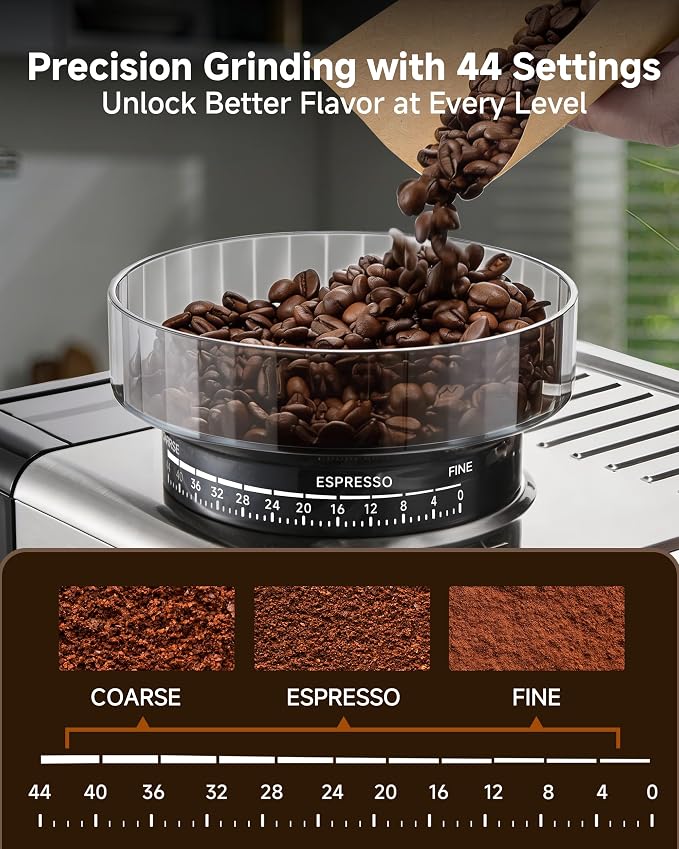 Espresso Machine with Grinder,20 Bar,44 Grind Setting,Milk Frother | Stainless Steel Coffee Machine,Easy-Clean,PID Temp Control,Built-in Grinder, Latte,Cappuccino,Americano & Hot/Cold Brew - Image 2
