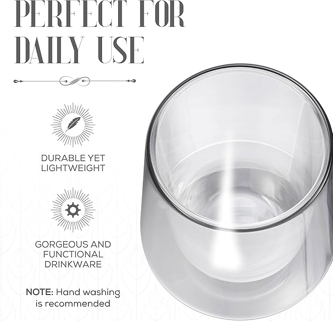 Elle Decor Double Wall Insulated Glasses - 8 oz Borosilicate Glass Sweat Free Mugs, Clear Drinkware for Hot/Cold Drinks, Coffee, Espresso, Cappuccino, Latte, 2- Piece Glass Cup Set