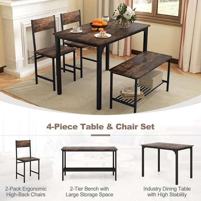 Giantex Dining Table Set for 4, Kitchen Table with Bench and Chairs, Industrial Gathering Bench Dining Set W/Metal Frame & Storage Rack, Dinette Set, Modern Functional Desk Set (Rustic Brown) - Image 6