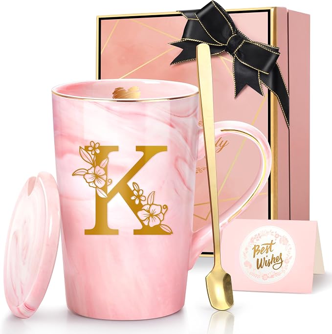 Coffee Mugs - Personalized Gifts for Women, Initial Customized Ceramic Marble Cups 14 Oz Pink, Luxury Christmas Mother's Day Birthday Gift for Mom Grandma Girlfriend Friend Unique,K by Unknown