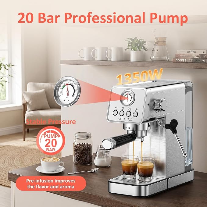 AYCHIRO 20 Bar Espresso Machine with Pressure Gauge, Compact Semi-Automatic Espresso Maker with Steam Wand, 1350W Fast Heating Coffee Machine with Removable 37oz Water Tank for Home Office - Image 2