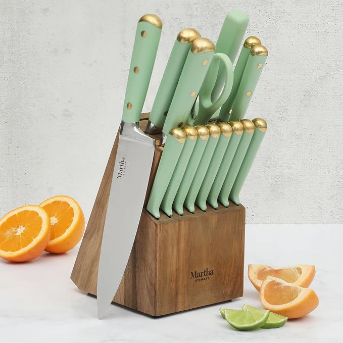 Martha Stewart 16-Piece Lockton High Carbon Stainless Steel Knife Block Set - Forged Full Tang Chef Knives, Acacia Wood Block, Triple Riveted Handles, Sage Green & Gold - Image 2