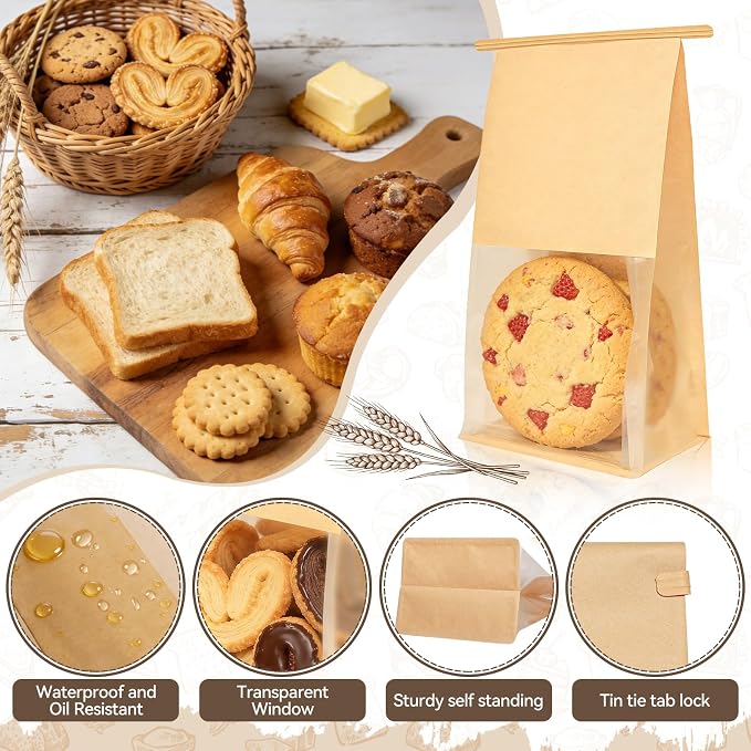 60 Pcs Cookie Bags with Seal & Tin Tie Lock, 8.2x3.9x3.1 Inch Bread Bags with Clear Window Resealable Bagel Bags for Cookies, Muffins, Candies, Snacks – 72 Stickers Included - Image 3
