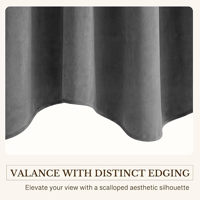 Grey Scalloped Valance for Windows 52x18 Inch 1 Panel | Luxury Velvet Kitchen Curtains for Small Window, Wavy Hem Window Treatment for Bathroom，Basement, Rod Pocket - Image 5
