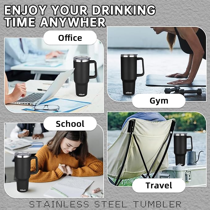 40 oz Insulated Coffee Mug with Ceramic Coating, Stainless Steel Travel Coffee Tumbler with Handle Lid and Straw, Double Wall Leak-Proof Coffee Travel Mug Keeps Drink Hot and Cold (Black) - Image 7