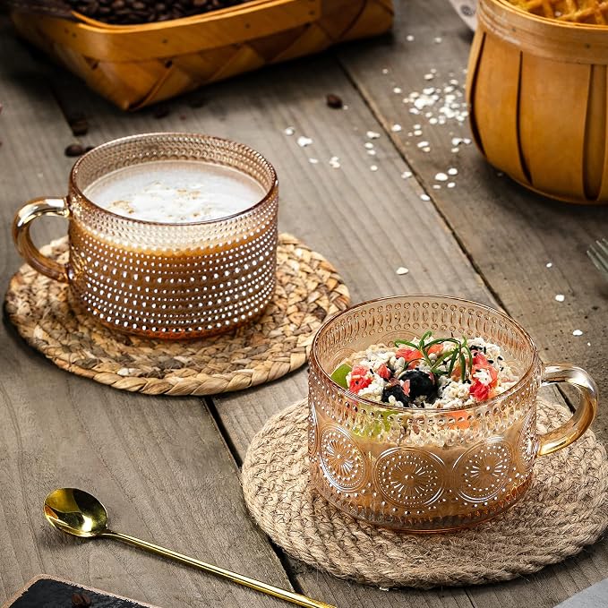 Gezzeny Vintage Coffee Mugs 14 Oz Set of 2 Amber Embossed Glass Tea Cups for Cappccino, Latte,Cereal, Yogurt, Beverage Christmas Thanksgiving Day Gifts - Image 2