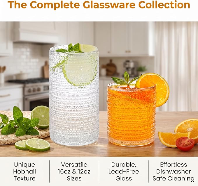 Vintage Hobnail Drinking Glasses Set of 8, Clear 16 oz Highball Glasses & 12 oz Cocktail Glasses Set, Kitchen Drinkware Glassware,Embossed Water Tumbler for Beer, Juice, Whiskey, Milk - Image 3