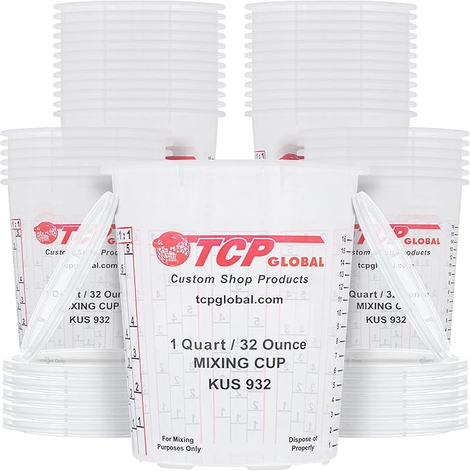 Custom Shop Paint Mixing Cups, 32-Ounce (36 Pack) - Plastic Measuring Cups for Liquids, Automotive Painting, Epoxy Resin, Acrylic Arts, Crafts, Disposable or Reusable, Graduated, Mixing Ratios