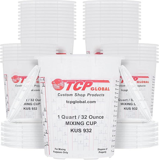 Custom Shop Paint Mixing Cups, 32-Ounce (36 Pack) - Plastic Measuring Cups for Liquids, Automotive Painting, Epoxy Resin, Acrylic Arts, Crafts, Disposable or Reusable, Graduated, Mixing Ratios