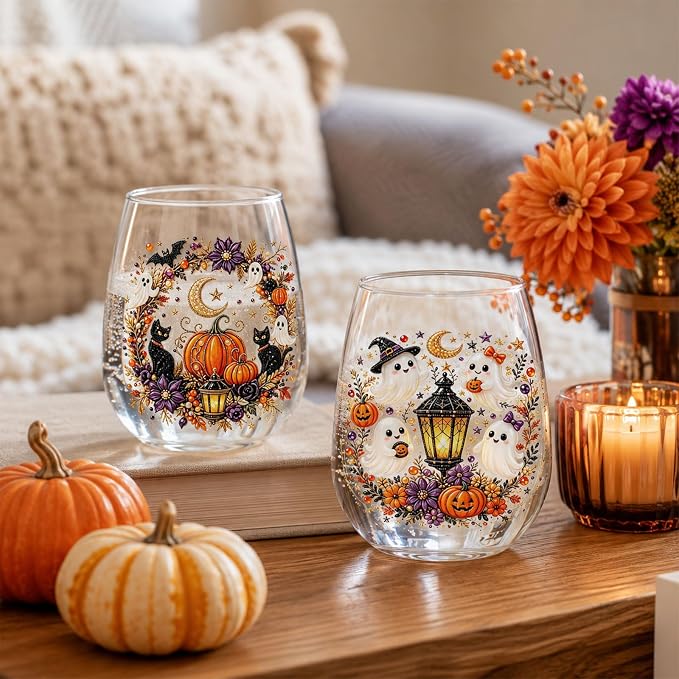 3D Halloween Autumn Glass Art Cup,Stemless Holiday Glassware Collection | Fantasy Fall Witch Wine Glasses,Holiday Printed Table Ornaments,Magical Halloween Home Decor Gifts for Various Beverages - Image 5
