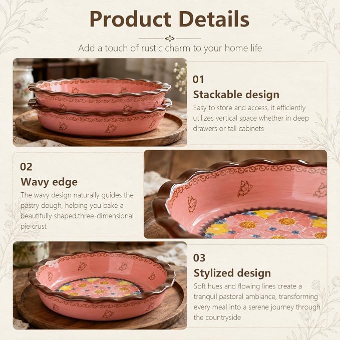 Ceramic Pie Pan for Baking, 10.6 in Hand-Painted Pie Plate for Cooking, 37 oz Deep Dish Pie Pans, Non-Stick Pie Dishes for Apple Pie, Tart, Pizza, Quiche, Oven & Dishwasher Safe, Lead-Free, Pink - Image 7