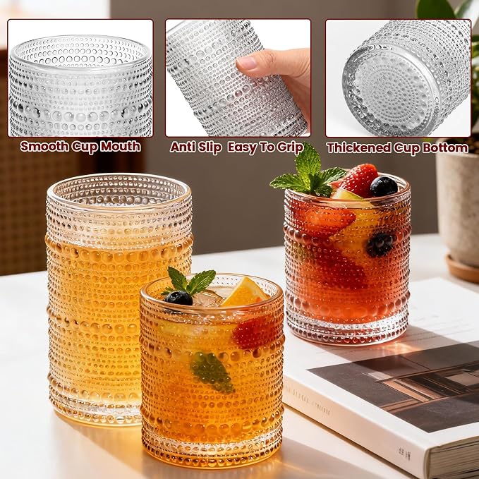 Vintage Hobnail Drinking Glasses Set of 12, 12 Oz Highball Glasses and 10 Oz Cocktail Glasses, Kitchen Glassware Set, Clear Drinking Glass Cups for Cocktail, Whiskey, Beer, Juice, Water, Milk - Image 4