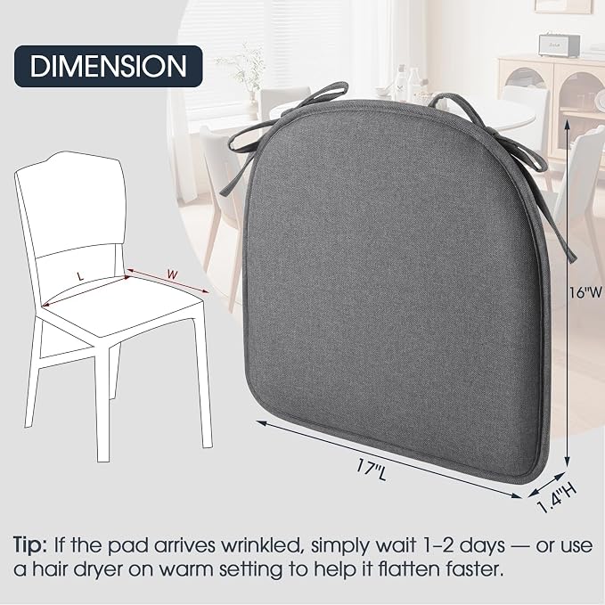 TushGuard Chair Cushions, 4 Pack Memory Foam Chair Pads, Grey | Dining Chair Pads with Fixed Straps, Thin Seat Cushion, Anti-Slip Kitchen Chair Cushion Set - Image 5