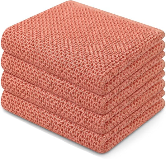 Homaxy 100% Cotton Waffle Weave Kitchen Dish Towels 4-Pack, Coral | 13 x 28 Inches, Ultra Soft Absorbent Dish Towels, Quick Drying Cleaning Towels by Homaxy
