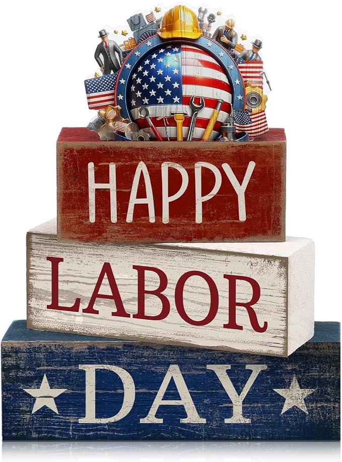 Moucuny 4 Pcs Labor Day Table Decoration Patriotic Worker Wooden Stacked Block Decor with American Flag Topper Happy Labor Day Centerpieces Patriotic Tiered Tray Decor for American Party Home Office by Moucuny
