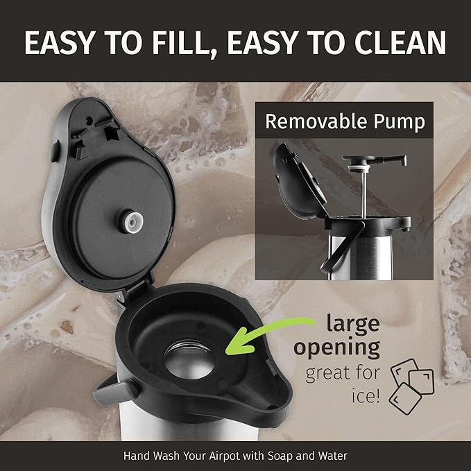 Coffee Carafe with Pump & Drip Tray - 74oz / 2.2L, 12 Hours, Thermal Carafe for Hot Liquids, Water Dispenser, Airpot Coffee Dispenser with Pump, Insulated Air Pot, Large Carafe for Hot Drinks