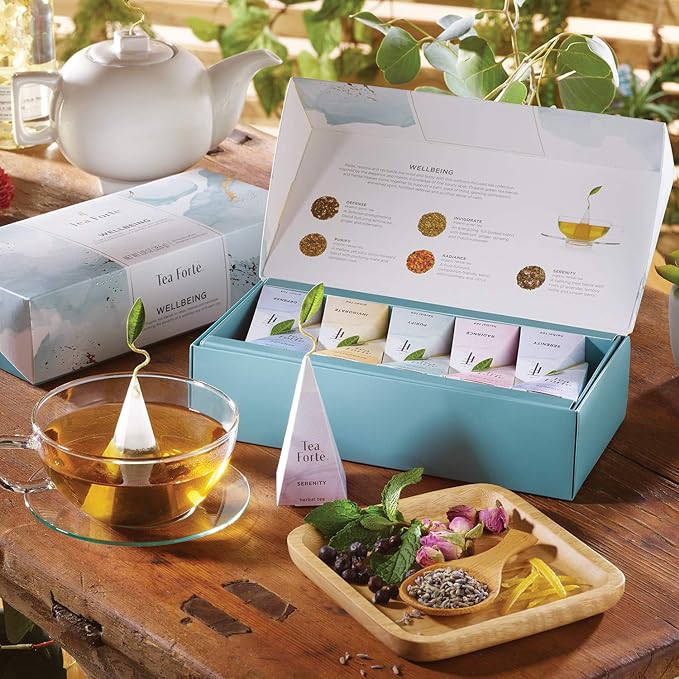 Tea Forte Wellbeing Organic Wellness Tea, Petite Presentation Box Tea Gift Set Sampler, 10 Count, 2 of Each Variety Individually Wrapped Handcrafted Pyramid Infuser Bags