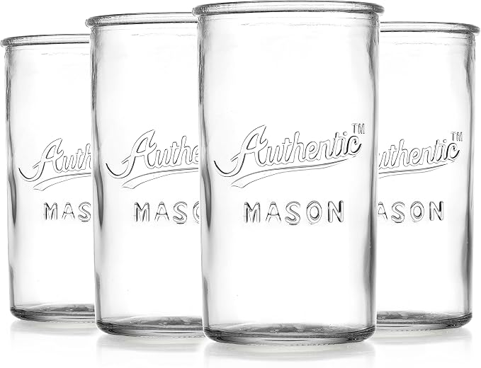 Glaver's Drinking Glasses – Set of 4 Authentic Mason Vintage Glassware – Clear Glass Tumblers for Cocktails, Water, Juice – Embossed Vintage Drinking Glasses - Image 4