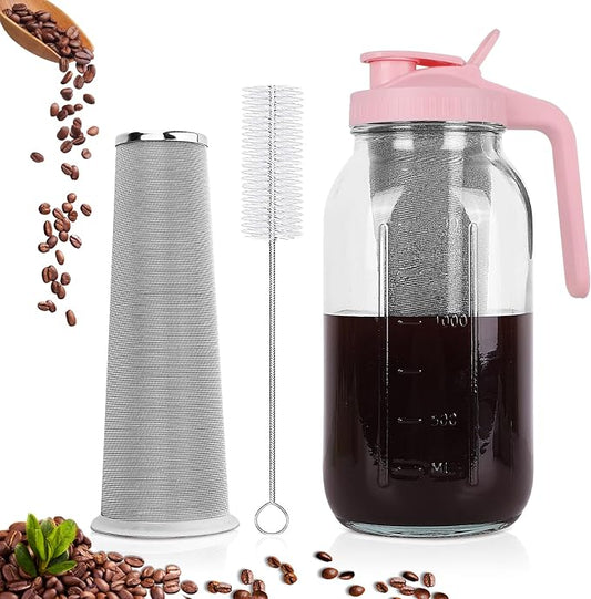 Cold Brew Coffee Maker，64 oz Wide Mouth Mason Jar Pitcher with Stainless Steel Filter, Pour Spout Handle Lid, Heavy Duty Glass Airtight & Leak-Proof for Iced Coffee & Tea Lemonade-Pink by QHH