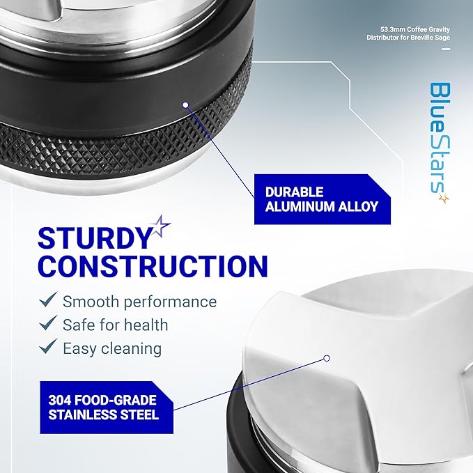 BlueStars 53.3mm Coffee Gravity Distributor & Tamper - Dual Head Coffee Leveler Compatible with 54mm Breville Portafilter - 304 Stainless steel Adjustable Depth Espresso Distributor Tool