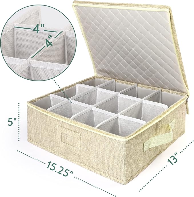 LotFancy Cup and Mug Storage Box, Hard Shell, China Coffee Mug Storage Container for Moving, Holds 12 Tea Cups, with Dividers & Handles, Beige - Image 6