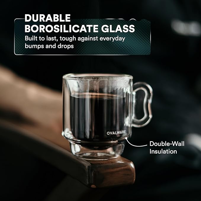 ovalware RJ3 Espresso Coffee Glass Cups 4oz/120ml (Set of 4) Double Walled w/Solid Butterfly Handle - Elegant Borosilicate Espresso Shot Mug - Stackable Insulated Transparent Demitasse Glass