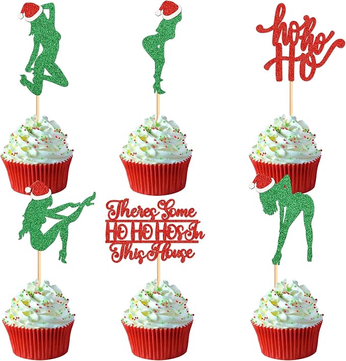 24pcs Christmas Decorations Ho Ho Hos in This House Cupcake Cupcake Toppers Birthday Party Decorations Bachelorette Party Decorations Merry Christmas Theme Party Decoration by Cyodoos