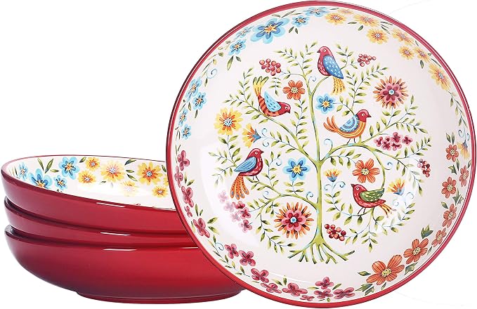 Bico Red Spring Bird Pasta Bowls, 35oz Salad Bowl Set of 4, Large Ceramic Serving Dinner Bowls for Soup and Cereal, Microwave and Dishwasher Safe, Gift for Housewarming and Thanksgiving by Bico