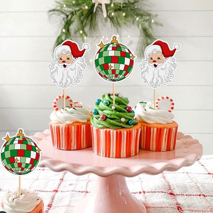 24PCS Christmas Cupcake Toppers- Santa Claus、Disco Ball、Picks Merry Christmas Theme Holiday Baby Shower Birthday Party Cake Decorations Supplies - Image 2