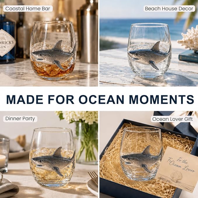 Coastal Stemless Wine Glasses Set of 4, 12oz 3D Ocean Animal Artisan Glassware Collection with Unique Sea Life Designs (H - Set of 1) - Image 4