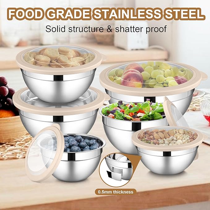 LIANYU 6 PCS Large Mixing Bowls with Visible Lids Set, Size 7, 3.5, 2.5, 2, 1.5, 1QT, Stainless Steel Kitchen Metal Nesting Bowls for Cooking, Baking, Serving, Freezer & Dishwasher Safe, Khaki