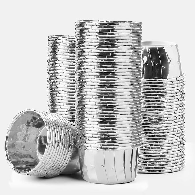 EUSOAR Silver Cupcake Liners, 100pcs 3.5oz Disposable Dessert Containers Muffin Ramekins, Mini Cheesecakes Cups Aluminum Foil Wrappers Paper Cupcake Holders for Birthday Wedding Bridal Party by EUSOAR