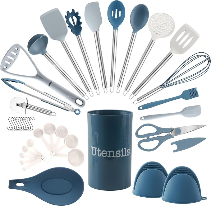 COOK WITH COLOR Silicone Cooking Utensils, Kitchen Utensil Set, Easy to Clean Silicone Kitchen Utensils, Cooking Utensils for Nonstick Cookware, Kitchen Gadgets Set, 38 Piece, Blue and White by CookwithColor