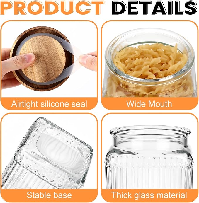 6 Pcs Vintage Glass Storage Jar with Lid 34 oz Glass Containers Stylish Ribbed Pattern Airtight Kitchen Jars Candy Jar for Food Cookies Candy Coffee Tea Beans Grains Storage - Image 3