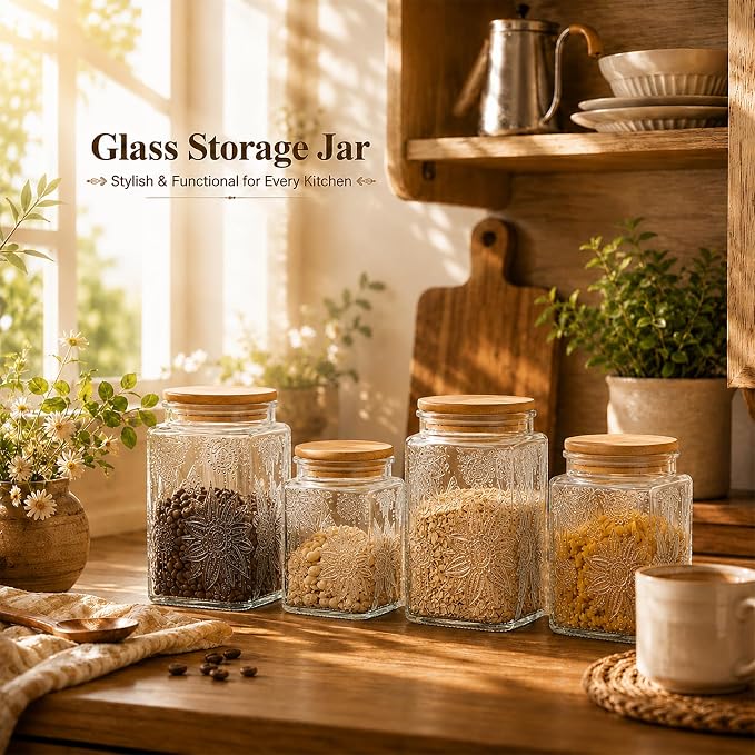 Glass Storage Jars With Airtight Lid, 35oz Canister For Kitchen Counter with Bamboo Lid, brown sugar, candy, coffee, cookie, salt, tea,pantry cute Jar (Large Square Sunflower) - Image 7