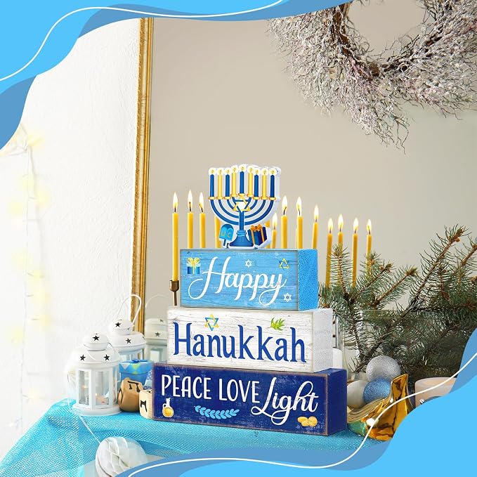 Moucuny 4 Pcs Hanukkah Decorations for Home Chanukah Table Decor Wooden Menorah Decoration Hanukkah Centerpiece Rustic Decorative Menorah Block Signs Gift Farmhouse Jewish New Year Decoration for Home - Image 4