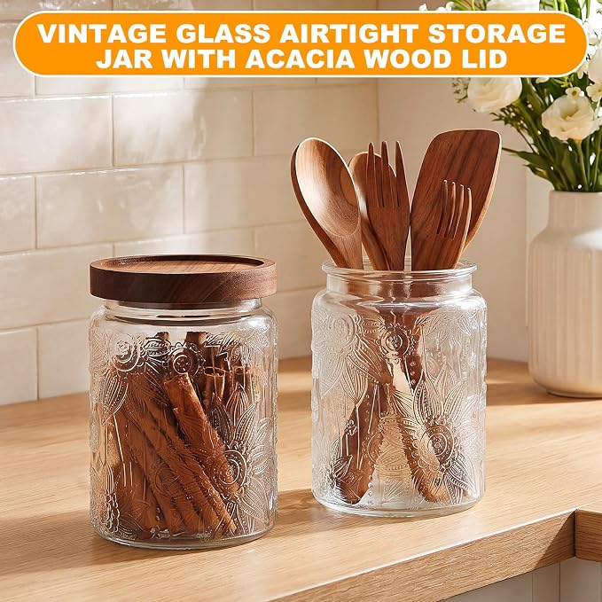 LemonRoad 4 Pcs Vintage Clear Glass Storage Jars 23.7 oz Mason Jar Canister with Wood Lids Food Storage Container for Cookie, Pantry, Candy Kitchen, Coffee, Tea, Flour, Sugar, Decorative Home Decor - Image 4